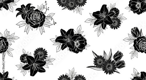 Seamless pattern, hand drawn outline flowers on white background
