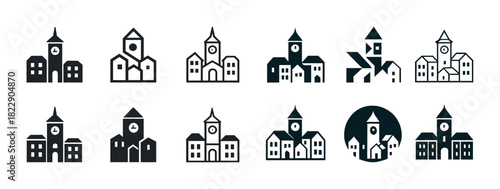 Set of church building icons in various styles - black and white graphic collection