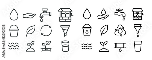 Water conservation icons: tap, leaf, cycle, seedling, hand