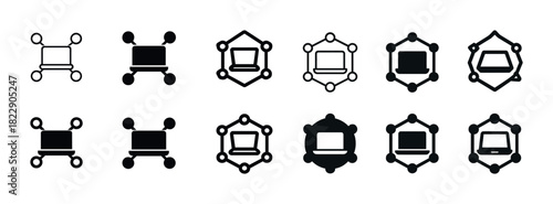 Laptop icons set: geometric, solid, and outline styles