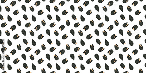Seamless pattern of black sunflower seeds on white background.