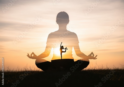 Conceptual double exposure of meditation and yoga for spiritual wellness
