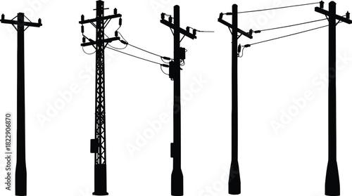 Electric utility poles with power lines, urban electricity distribution system, energy infrastructure, industrial transmission structure, and communication power connection network.