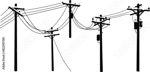 Electric utility poles with power transformers and overhead cables, electricity distribution system silhouette, energy infrastructure and rural communication line network