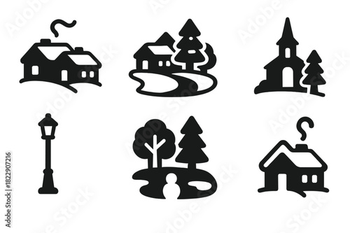 Winter Town Icons. Winter townscape. Filled icon set of winter townscape: houses with snow, village square,
