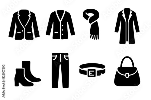 Layered Wardrobe Icons. Layered wardrobe. Filled icon set of layered wardrobe: blazer, cardigan, scarf, long