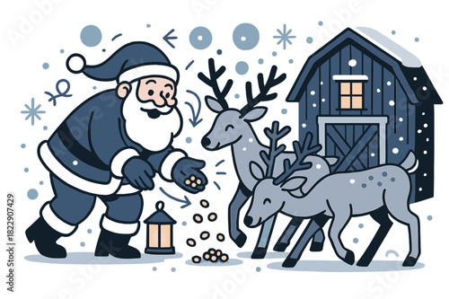 Santa's Reindeer Treats. Festive feeding. Santa placing treats for reindeer, snow falling lightly, warm glow