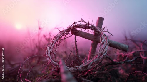 Crown of thorns and wooden cross in a pink atmospheric setting