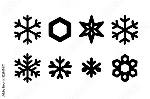 Snowflake Icon Grid. Snowflakes. Filled icon set of snowflakes: classic snowflake, hexagonal snowflake, star