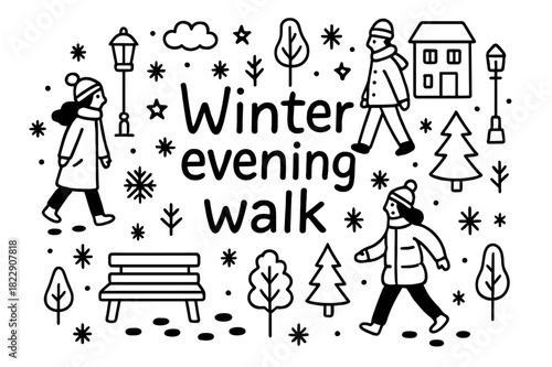 Winter Stroll Doodle. Winter evening walk. Hand-drawn doodle illustration of winter evening walk. People