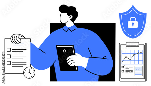 Person holding checklist and tablet with clock, data chart, and shield showcasing security. Ideal for productivity, organization, time management, security, technology, data analysis teamwork in