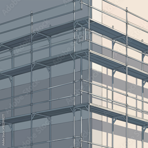 An illustration of scaffolding erected against a building's exterior, providing access for construction or maintenance work in a modern architectural design.