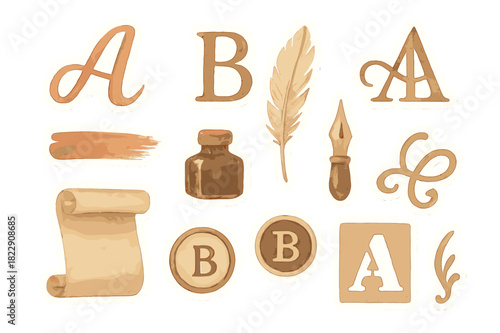 Artistic Lettering Stickers. Artistic Lettering Icons. Realistic hand-painted watercolor style sticker sheet