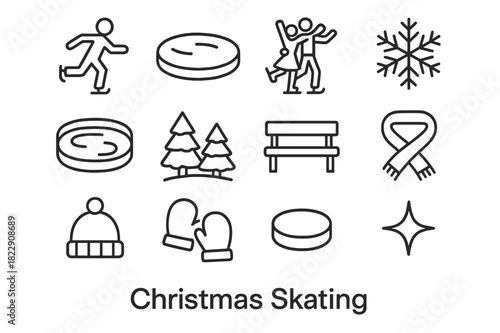 Christmas Skating Icons. Christmas Skating. Line outline icon set of Christmas Skating: ice skater, frozen