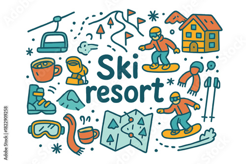 Ski Resort Doodle. Ski resort. Hand-drawn doodle illustration of ski resort. Chair lift, ski slopes, snow