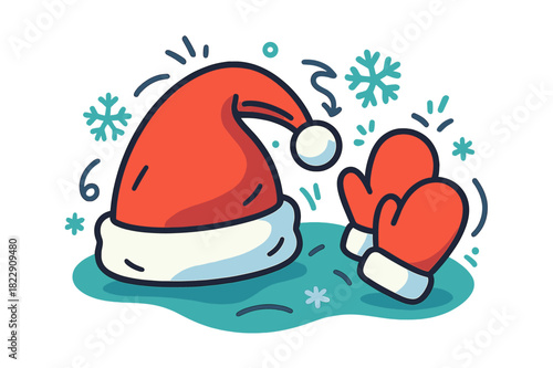 Festive Winter Accessories. Christmas hat and gloves. Red Santa-style hat with white trim and matching mittens