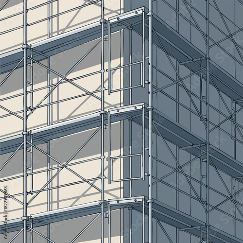 A detailed illustration showcases a construction scaffolding system, highlighting its metal framework against a building's wall, emphasizing structural support.