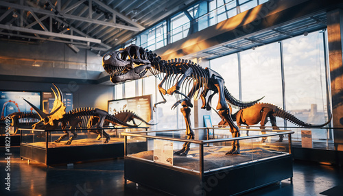 Dinosaur fossil skeletons are displayed in museums for scientific purposes.