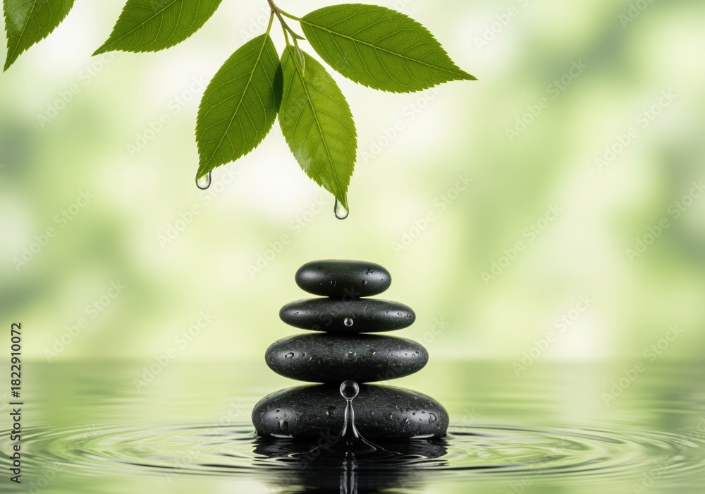 Obraz premium Serene stack of smooth black zen stones with water drops and green leaves