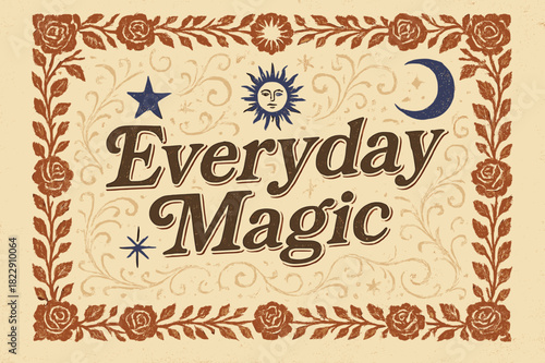 Everyday Magic Nostalgia. ?Everyday Magic?. vintage serif script, shadowed outlines, aged print texture,