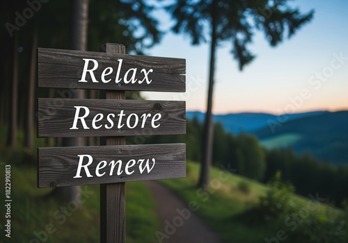 Rustic wooden signpost displaying relax restore renew for self care