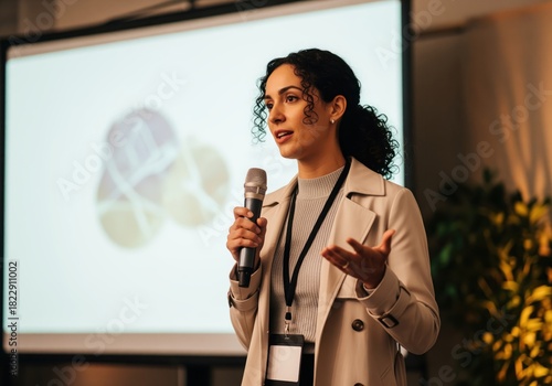Confident business woman presenting on stage with a microphone and screen