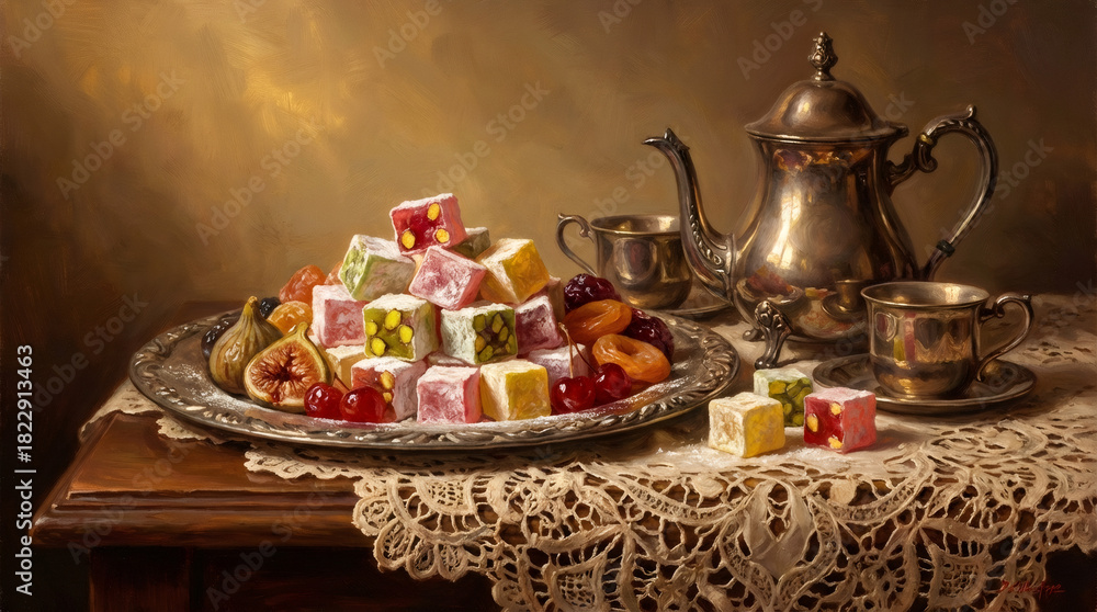 Fototapeta premium A classic still life painting of Turkish delight and dried fruit on a silver platter. Traditional gourmet lokum sweets with a vintage silver tea set on a lace tablecloth