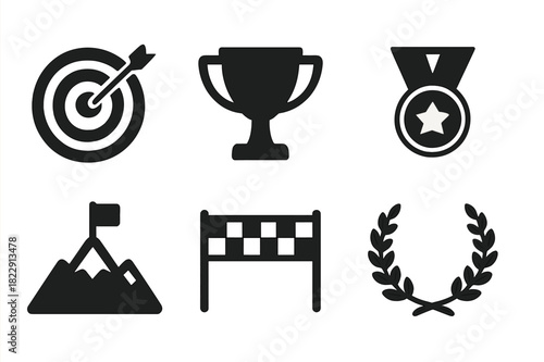 Goal Achievement Icons. Goal Achievement. Filled icon set of Goal Achievement: target, arrow, trophy, medal,