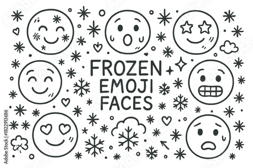 Frozen Emoji Doodles. Frozen emoji faces. Hand-drawn doodle illustration of Frozen emoji faces. snowflakes,