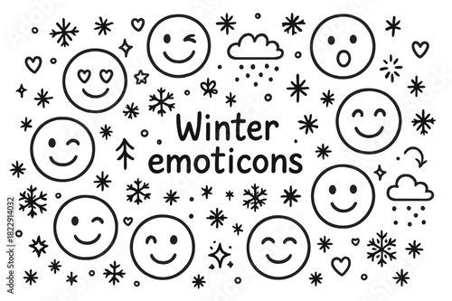 Winter Emoticon Doodles. Winter emoticons. Hand-drawn doodle illustration of Winter emoticons. snowflakes,