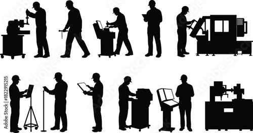 Engineering silhouettes with microscope, calipers, computers, machinery, industrial workers in hard hats, manufacturing laboratory illustration, STEM career artwork design