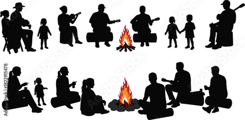 Family and friends playing guitar around campfire, outdoor camping illustration, night relaxation, music, bonding, warmth, fun, nature and adventure