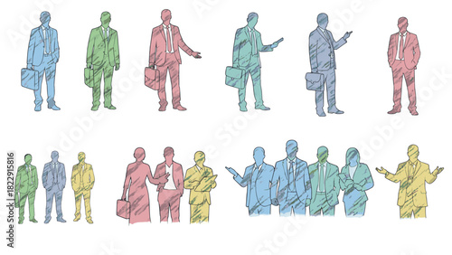 Chalk Style Business People Set in Colorful Suits, Chalk Collection of Businessmen and Businesswomen Figures for Presentation, corporate presentations, annual reports, marketing materials. 