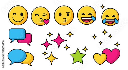 Collection of colorful cartoon emojis with chat bubbles, hearts, and sparkling stars, representing happiness and communication