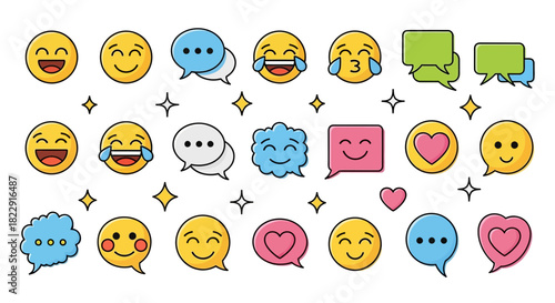 Collection of cheerful emoji faces and speech bubbles conveying emotions and communication, set against a white background