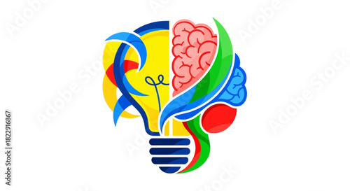 Conceptual illustration of creative thinking and intellectual power, showing a split lightbulb and a colorful human brain
