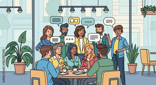 Team collaboration and communication in a casual cafe setting, fostering ideas