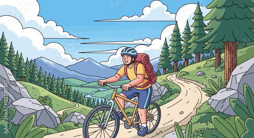 Adventurous mountain biker navigating a winding dirt trail through a vibrant green valley surrounded by majestic pine forests and towering mountains under a clear sky