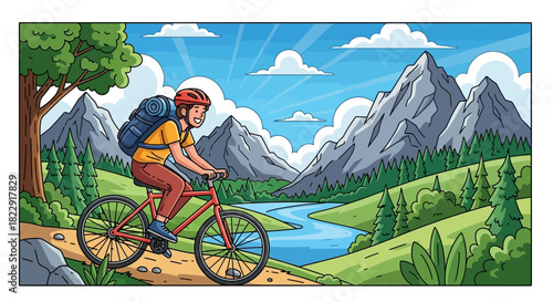 Cyclist's Adventure Exploring Mountain Trails on a Sunny Day, Enjoying Nature's Beauty