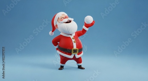 3D cartoon Santa Claus laughing with snowball on blue background.