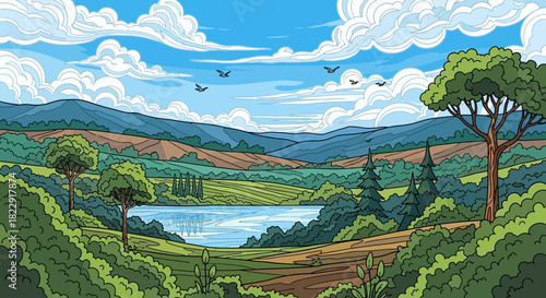 Vibrant landscape with a serene lake, rolling hills, and lush greenery under a bright, cloudy sky