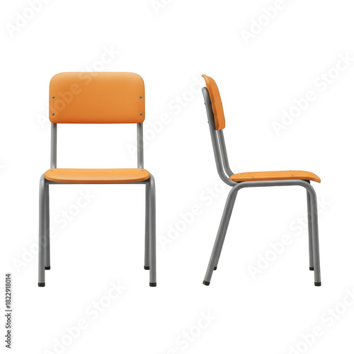 A modern school chair isolated on a transparent background. Front and side view of an orange school chair