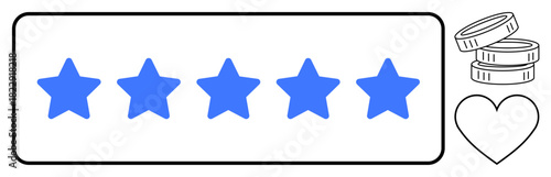 Five stars in a row represent high-quality or positive feedback. Coin stack signifies rewards, while heart symbolizes customer appreciation. Ideal for quality service, growth, reputation, feedback