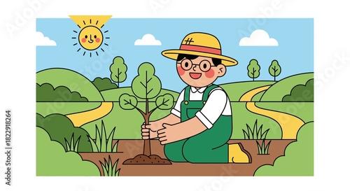 A cheerful farmer planting a young sapling in a vibrant green field on a sunny day, symbolizing growth, sustainability, and hope for the future