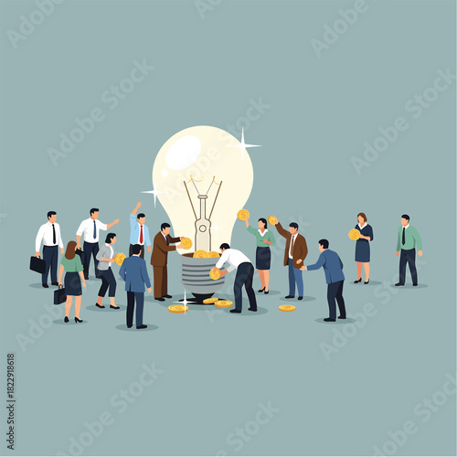 Business team collaborating around a lightbulb, symbolizing idea generation and investment in innovation, creating a bright and promising future.