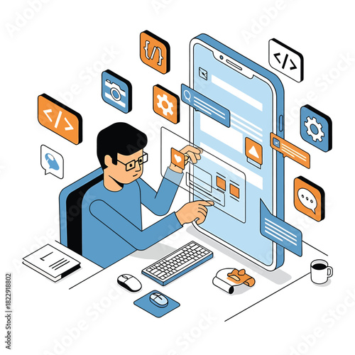 Man developing mobile application interface on large smartphone screen in modern office with floating elements, showcasing innovation and technology.