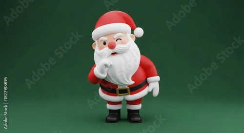 3D cartoon Santa Claus winking with secret on green background.