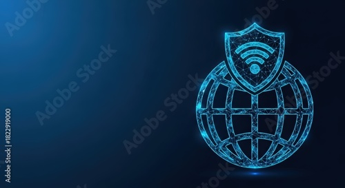 Digital globe protected by a shield with wifi signal icon representing network security