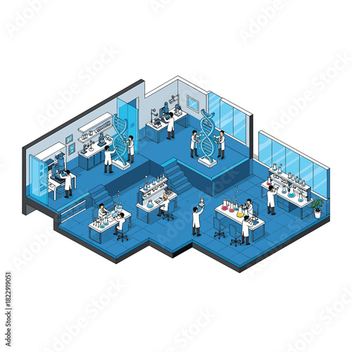 Scientists conduct research in modern laboratory with dna models and advanced equipment, fostering innovation and discovery in a sterile environment.