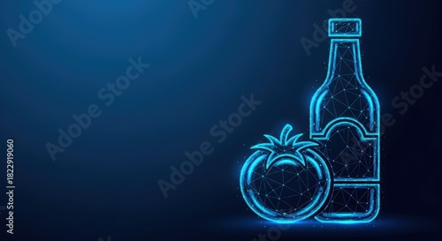 Fototapeta Naklejka Na Ścianę i Meble -  Digital illustration of a tomato and a bottle in abstract glowing neon blue wireframe